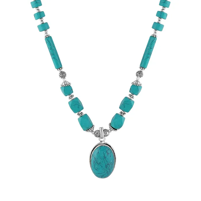 Yellow Chimes Yellow Chimes German Oxidized Silver Ethnic Green Turquoise Quartz Beads Beautiful Handmade Designer Necklace Set with Earrings Jewellery Set for Women and Girls Green Earrings