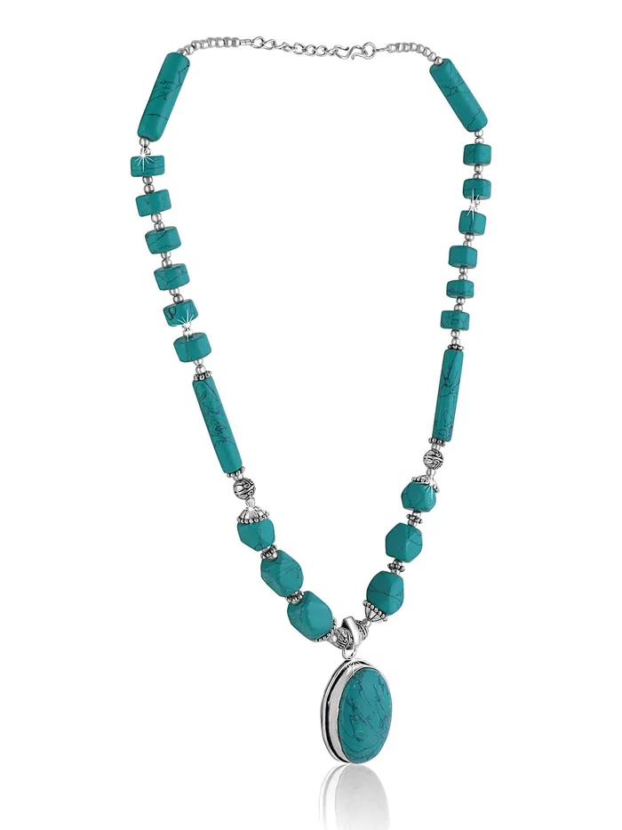 Yellow Chimes Yellow Chimes German Oxidized Silver Ethnic Green Turquoise Quartz Beads Beautiful Handmade Designer Necklace Set with Earrings Jewellery Set for Women and Girls Green Earrings