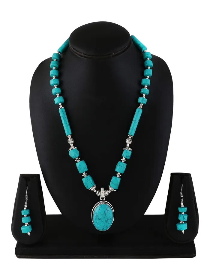 Yellow Chimes Yellow Chimes German Oxidized Silver Ethnic Green Turquoise Quartz Beads Beautiful Handmade Designer Necklace Set with Earrings Jewellery Set for Women and Girls Green Earrings