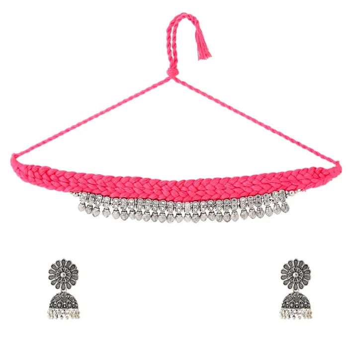 Yellow Chimes Yellow Chimes Jewellery Set for Women and Girls Threaded Silver Oxidised Jewellery Set Pink Threaded Choker Necklace Set for Women Birthday Gift For Girls and Women Anniversary Gift for Wife Rings