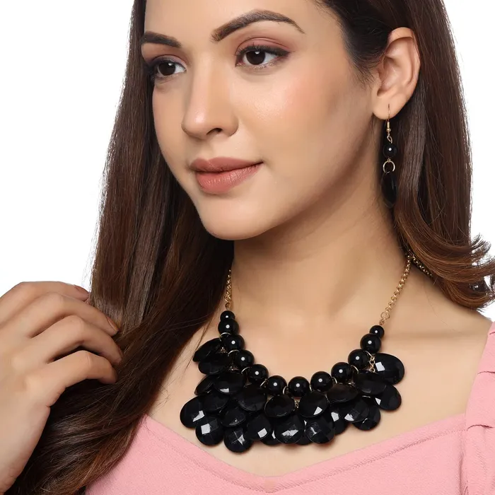 Yellow Chimes Yellow Chimes Jewellery Set For Women Black Stone Tear Drop Designed Gold Toned Necklace Set For Women and Girls Necklaces