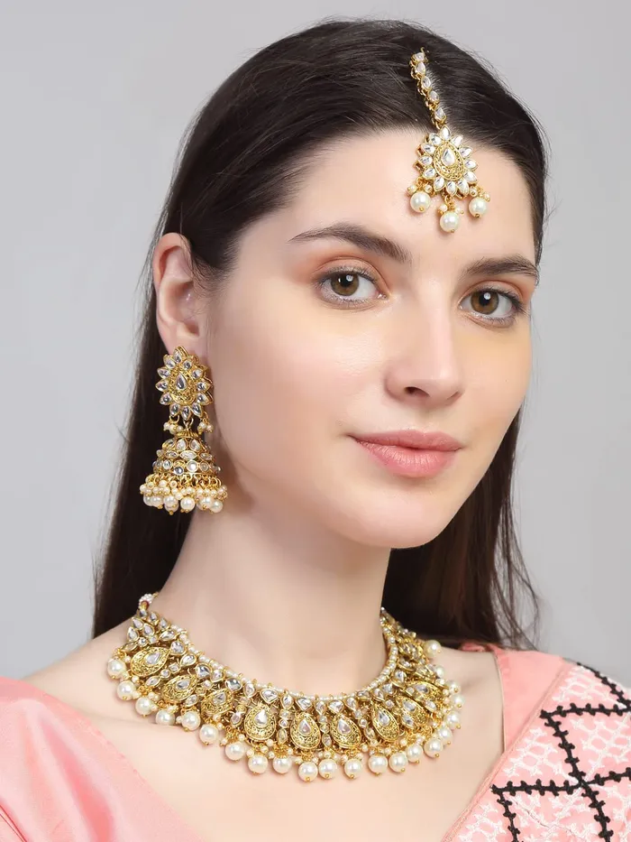 Yellow Chimes Yellow Chimes Kundan Jewellery Set for Women Gold Plated Traditional Kundan Necklace Set with Maang Tikka For Women And Girls Earrings