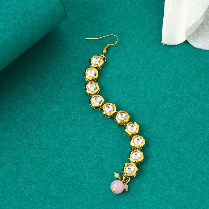 Yellow Chimes Yellow Chimes Maangtikka for Women Gold Toned 2 Pcs of Kundan Studded Single Line Designed Pink Pearl Drop Maangtikka for Women and Girls Bracelets