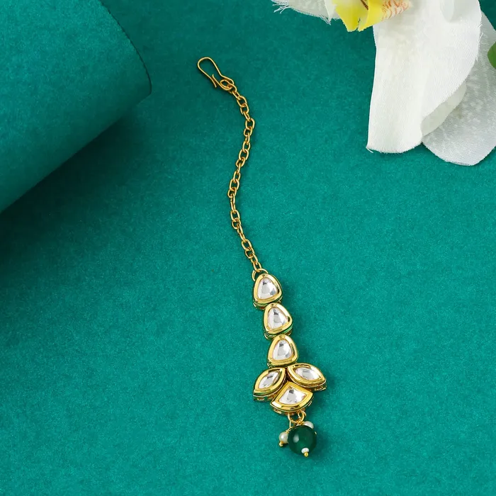 Yellow Chimes Yellow Chimes Maangtikka for Women Gold Toned 2 Pcs of Kundan Studded Single Line Designed Pink Pearl Drop Maangtikka for Women and Girls Bracelets