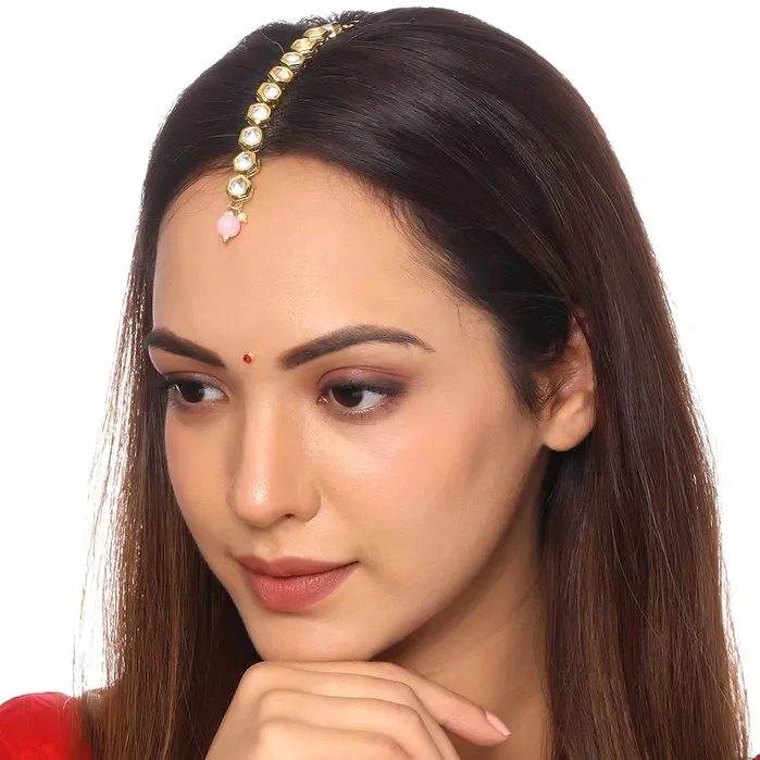 Yellow Chimes Yellow Chimes Maangtikka for Women Gold Toned 2 Pcs of Kundan Studded Single Line Designed Pink Pearl Drop Maangtikka for Women and Girls Bracelets