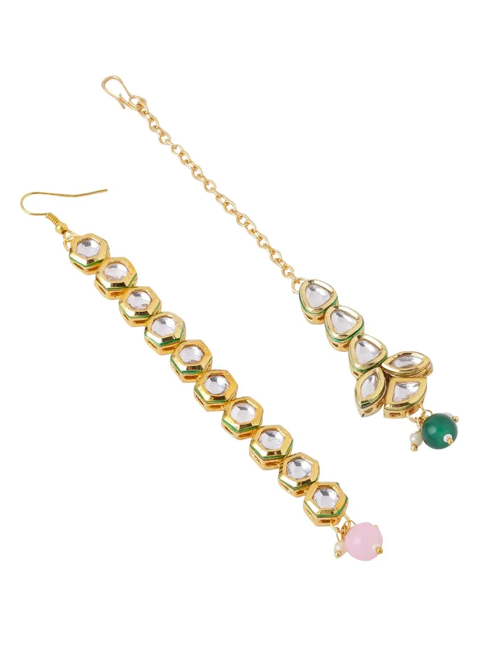 Yellow Chimes Yellow Chimes Maangtikka for Women Gold Toned 2 Pcs of Kundan Studded Single Line Designed Pink Pearl Drop Maangtikka for Women and Girls Bracelets