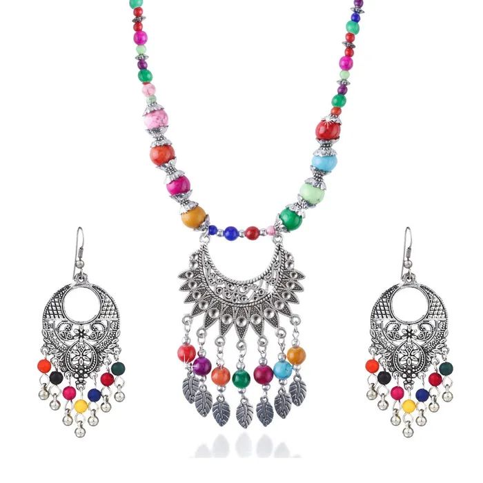 Yellow Chimes Yellow Chimes Multicolor Beads Statement Antique Necklace with Earrings Oxidised Jewellery Sets for Women and Girls Earrings