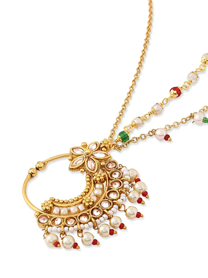 Yellow Chimes Yellow Chimes Nose Pin for Women Gold Toned Non Piercing Crystal Studded Beads Chain and Floral Designed Nose Pin with Chain for Women and Girls Necklaces