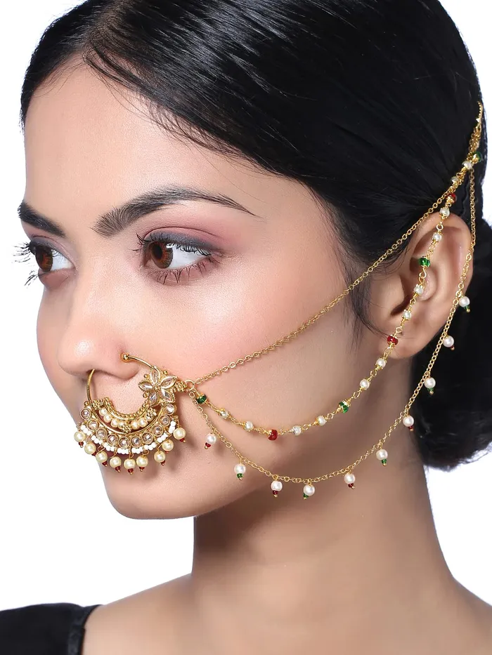 Yellow Chimes Yellow Chimes Nose Pin for Women Gold Toned Non Piercing Crystal Studded Beads Chain and Floral Designed Nose Pin with Chain for Women and Girls Necklaces