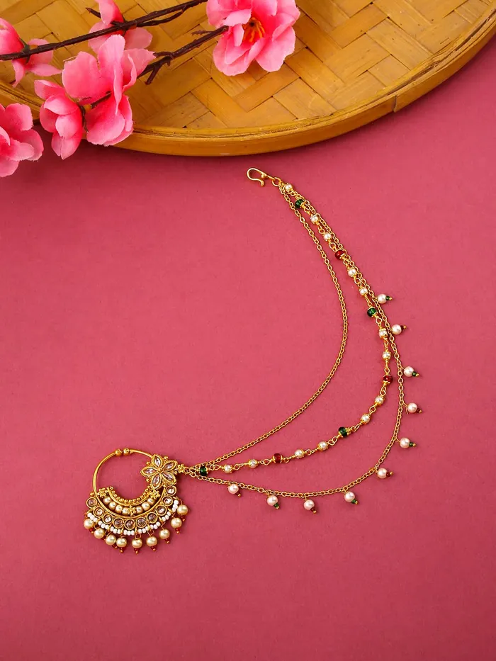 Yellow Chimes Yellow Chimes Nose Pin for Women Gold Toned Non Piercing Crystal Studded Beads Chain and Floral Designed Nose Pin with Chain for Women and Girls Necklaces