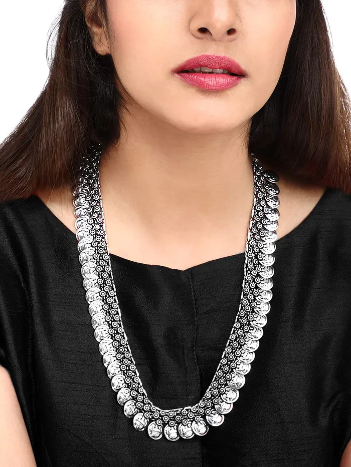 Yellow Chimes Yellow Chimes Oxidised Long Chain Necklace for Women Silver Oxidised Jewellery Traditional Coins Ethnic Fusion Long Chain Necklace for Women and Girls Earrings