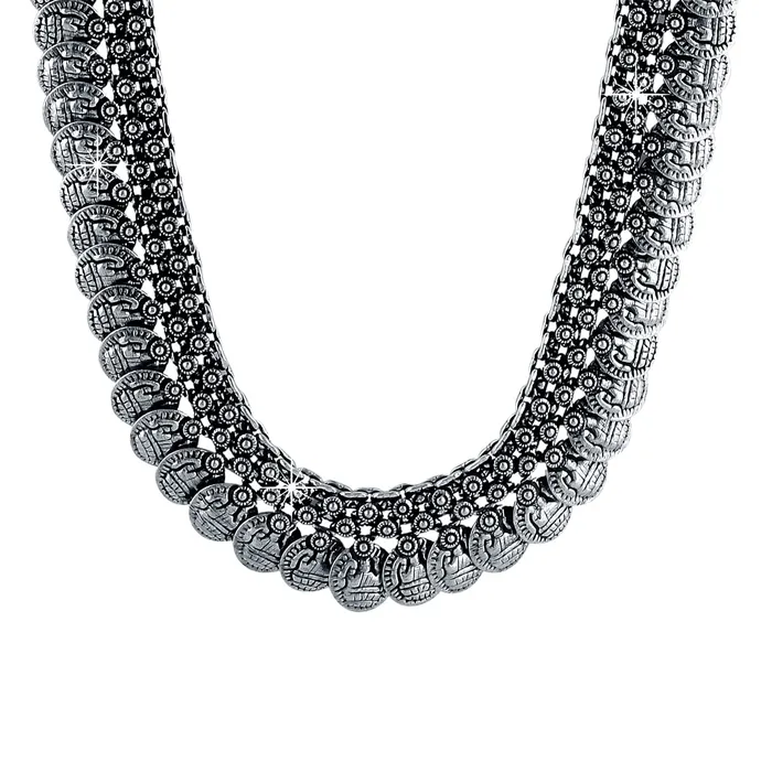 Yellow Chimes Yellow Chimes Oxidised Long Chain Necklace for Women Silver Oxidised Jewellery Traditional Coins Ethnic Fusion Long Chain Necklace for Women and Girls Earrings