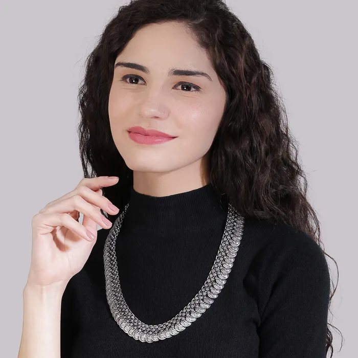 Yellow Chimes Yellow Chimes Oxidised Long Chain Necklace for Women Silver Oxidised Jewellery Traditional Coins Ethnic Fusion Long Chain Necklace for Women and Girls Earrings