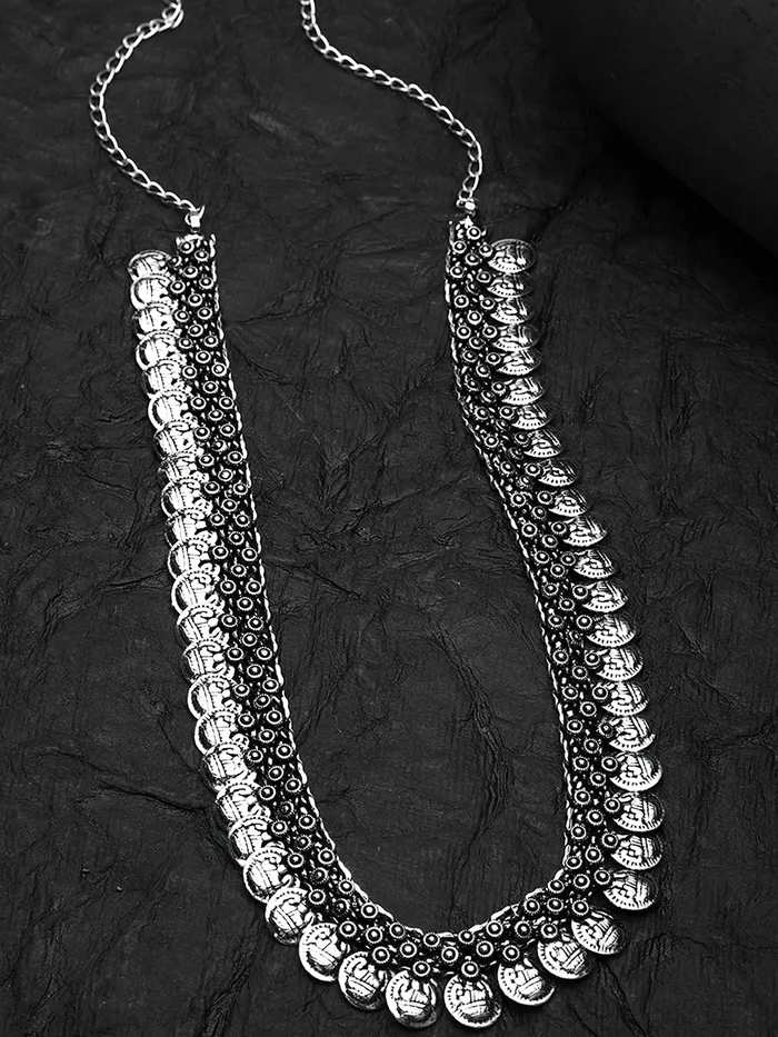 Yellow Chimes Yellow Chimes Oxidised Long Chain Necklace for Women Silver Oxidised Jewellery Traditional Coins Ethnic Fusion Long Chain Necklace for Women and Girls Earrings