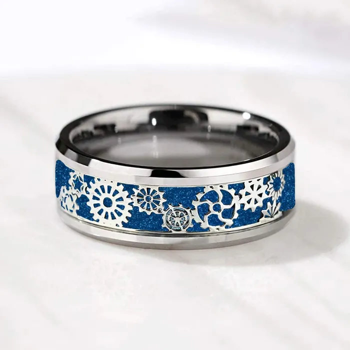 Yellow Chimes Yellow Chimes Rings for Men Stainless Steel Band Ring Blue Silver Steampunk Gear Wheel Design Finger Ring for Men and Boys Earrings