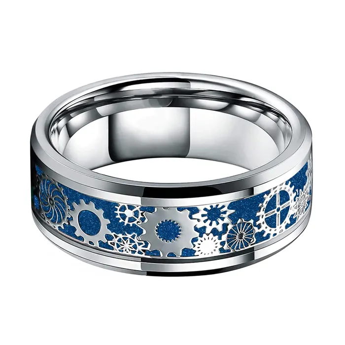 Yellow Chimes Yellow Chimes Rings for Men Stainless Steel Band Ring Blue Silver Steampunk Gear Wheel Design Finger Ring for Men and Boys Earrings