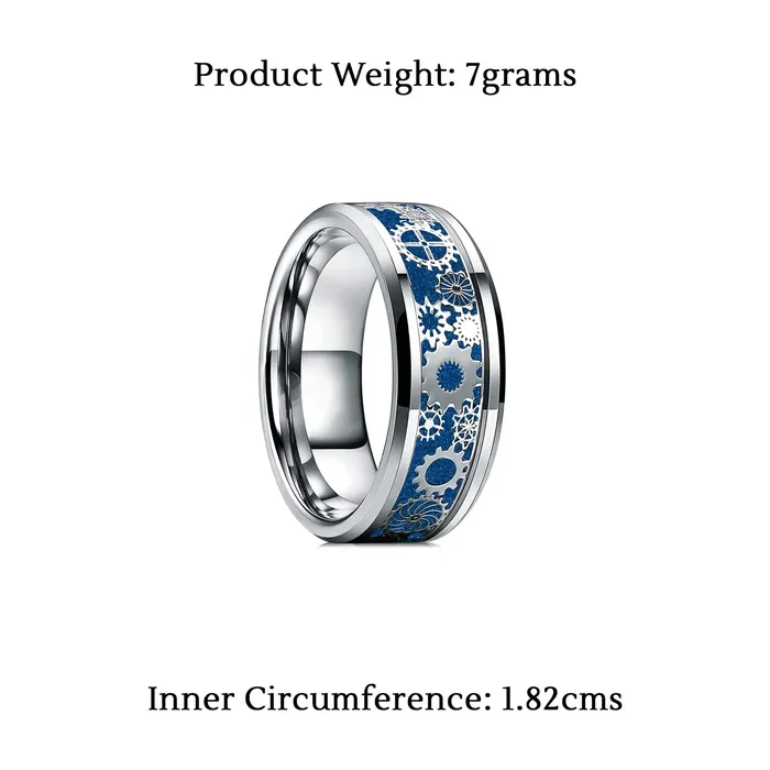 Yellow Chimes Yellow Chimes Rings for Men Stainless Steel Band Ring Blue Silver Steampunk Gear Wheel Design Finger Ring for Men and Boys Earrings