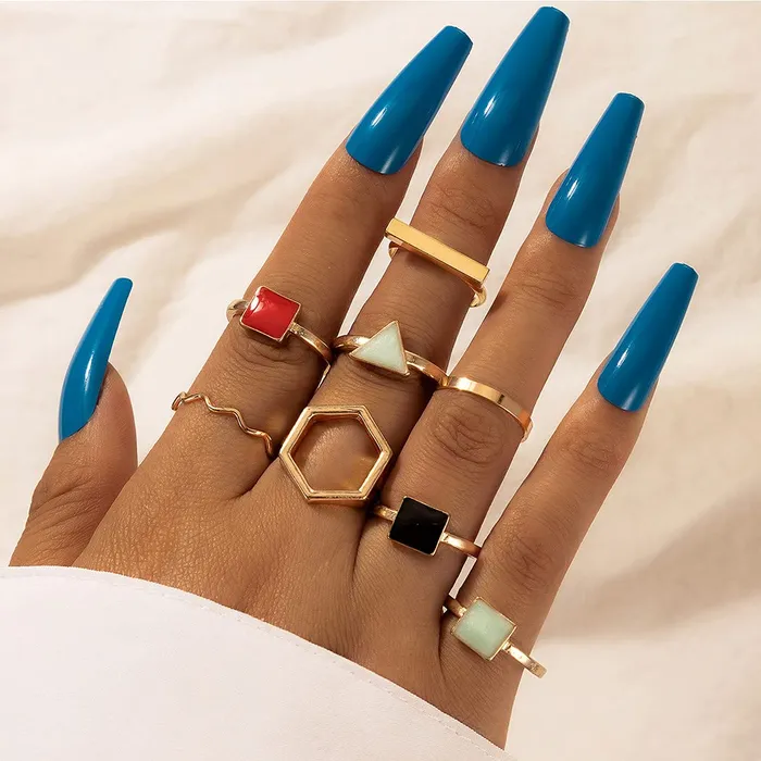Yellow Chimes Yellow Chimes Rings for Women and Girls Fashion Aesthetic Multicolor Ring Set Gold Plated Aesthetic Ring Knuckle Rings Set 8 Pcs Combo Geometric Rings Birthday Gift For Girls and Women Necklaces