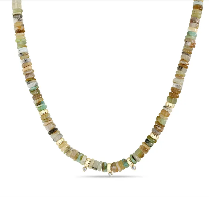 Zo Chicco Necklaces 14K MIXED NEUTRAL GEMSTONE RONDELLE BEAD NECKLACE WITH 3 PRONG DIAMONDS